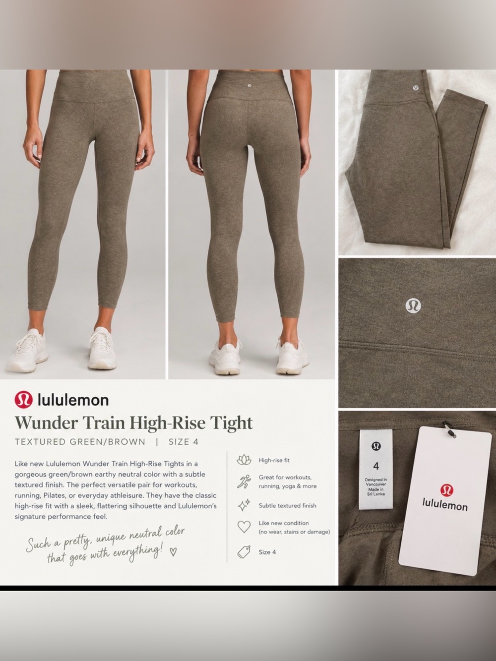 Lululemon Wunder Train High-Rise Tight – Textured Green/Brown – Size 4 - Picture 3 of 8